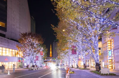 Blau-weiße Beleuchtung an der Keyakizaka in Roppongi Hills, mit dem Tokyo Tower im Hintergrund. Aufnahme vom Dezember 2024, nicht von der Gestaltung 2026.