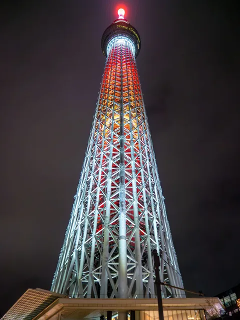 Tokyo Skytree vue depuis sa base, illuminée pour Noël le 25 décembre 2021