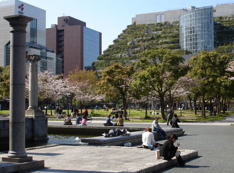 Pelouse du parc central de Tenjin et terrasses végétales d’ACROS Fukuoka de jour en avril 2005