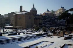 Panoramic view of the Roman Forum archaeological ruins in central Rome