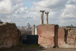 Ancient palace ruins and Rome skyline viewed from the Palatine Hill