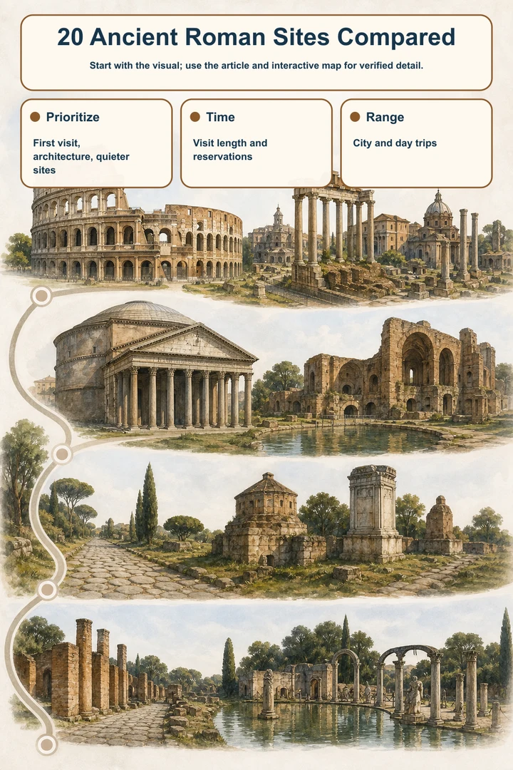 20 Ancient Roman Sites Compared — Start with the visual; use the article and interactive map for verified detail.