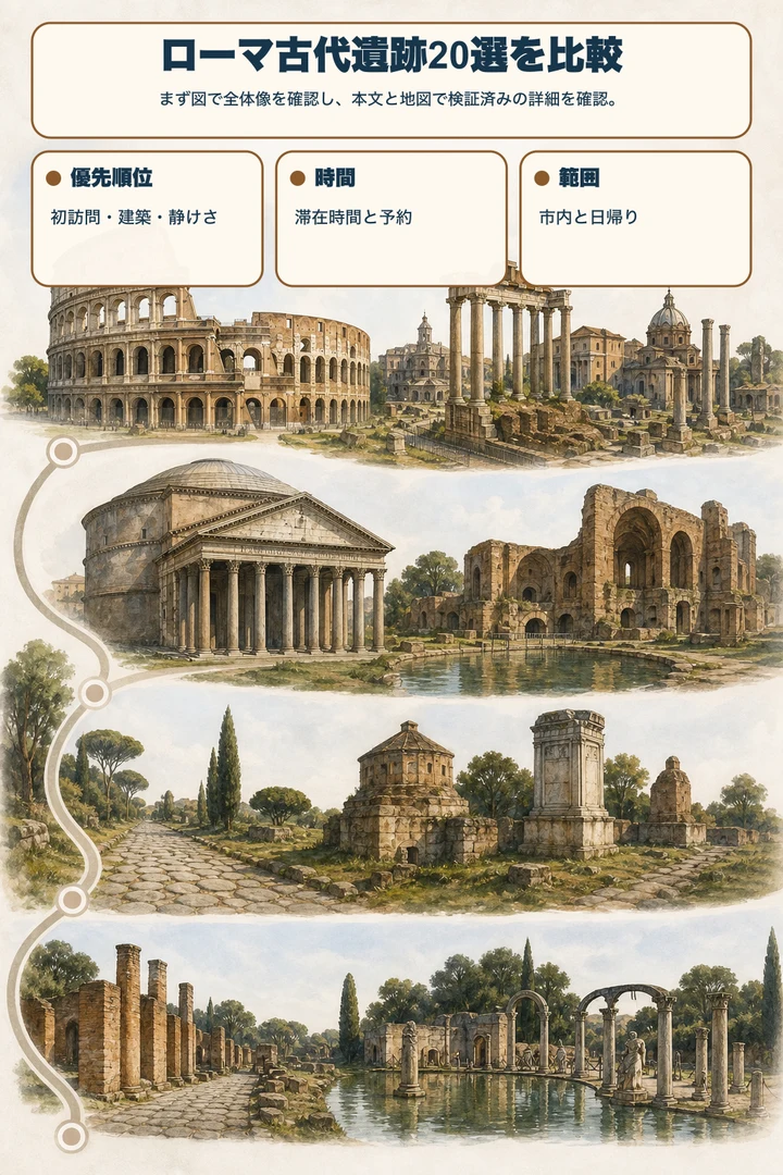 ローマ古代遺跡20選を比較 — まず図で全体像を確認し、本文と地図で検証済みの詳細を確認。