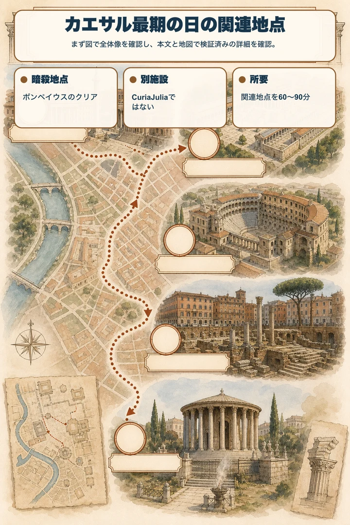 カエサル最期の日の関連地点 — まず図で全体像を確認し、本文と地図で検証済みの詳細を確認。