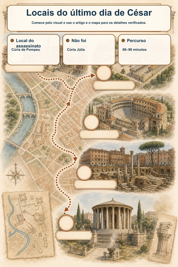 Locais do último dia de César — Comece pelo visual e use o artigo e o mapa para os detalhes verificados.