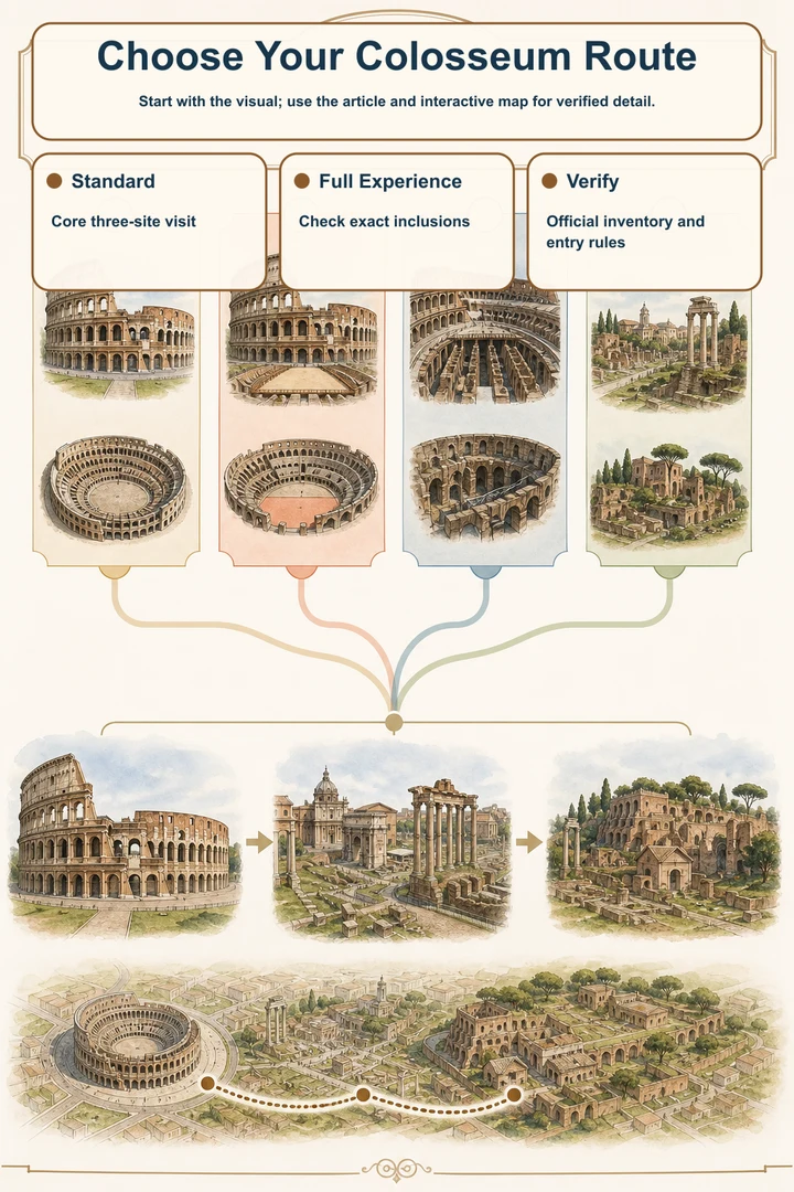 Choose Your Colosseum Route — Start with the visual; use the article and interactive map for verified detail.