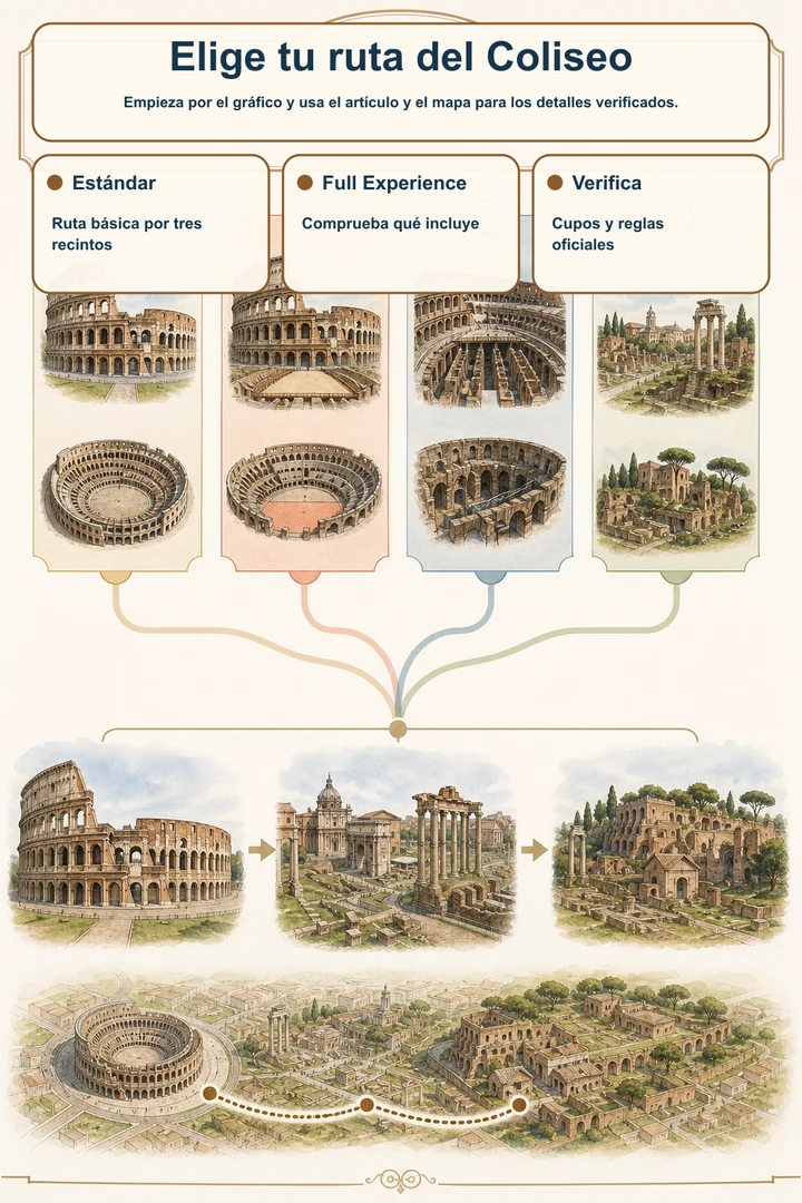 Elige tu ruta del Coliseo — Empieza por el gráfico y usa el artículo y el mapa para los detalles verificados.