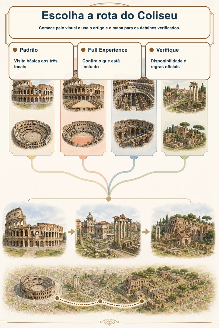 Escolha a rota do Coliseu — Comece pelo visual e use o artigo e o mapa para os detalhes verificados.