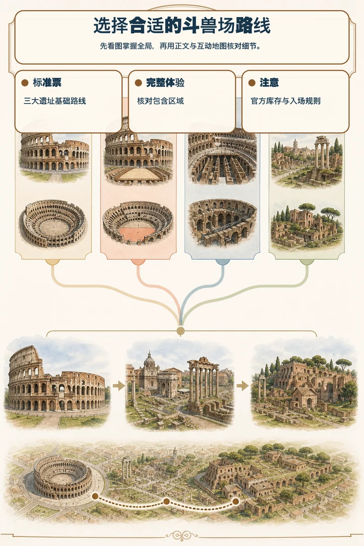选择合适的斗兽场路线 — 先看图掌握全局，再用正文与互动地图核对细节。