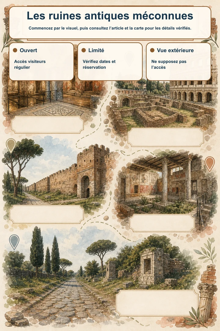 Les ruines antiques méconnues — Commencez par le visuel, puis consultez l’article et la carte pour les détails vérifiés.