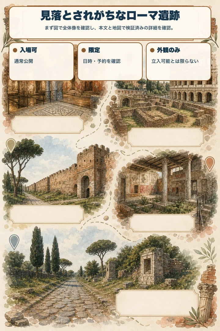 見落とされがちなローマ遺跡 — まず図で全体像を確認し、本文と地図で検証済みの詳細を確認。
