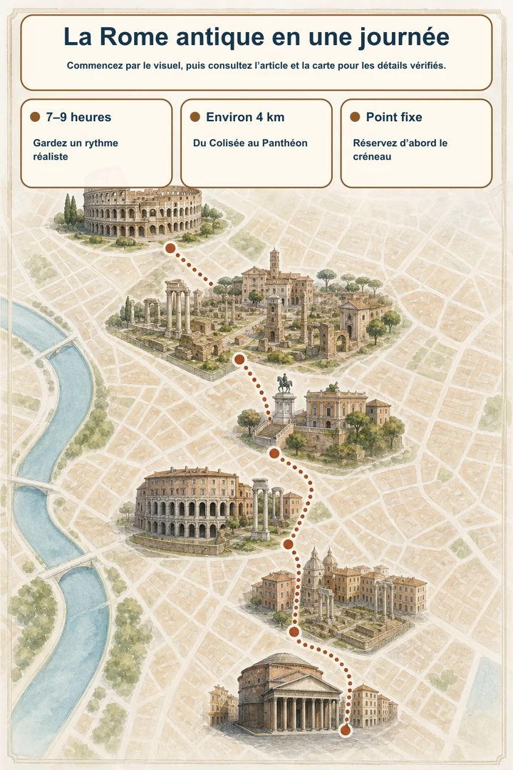 La Rome antique en une journée — Commencez par le visuel, puis consultez l’article et la carte pour les détails vérifiés.