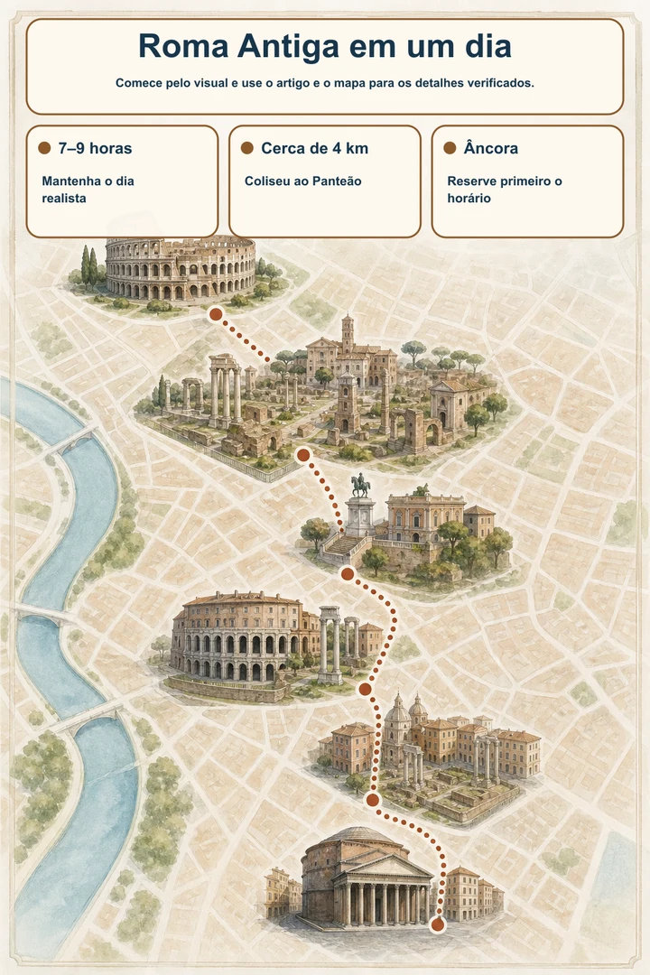 Roma Antiga em um dia — Comece pelo visual e use o artigo e o mapa para os detalhes verificados.
