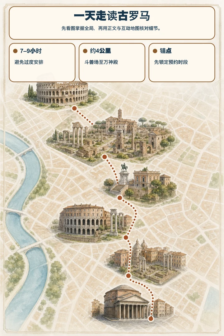 一天走读古罗马 — 先看图掌握全局，再用正文与互动地图核对细节。