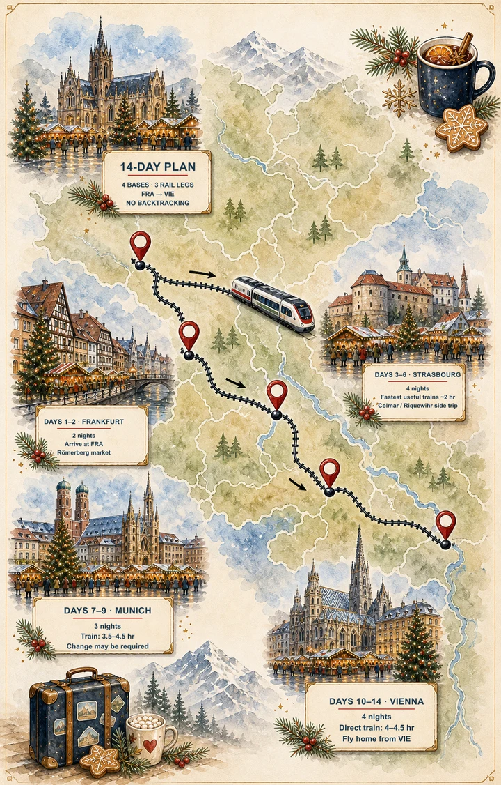 Illustrated fourteen-day west-to-east European Christmas market train itinerary