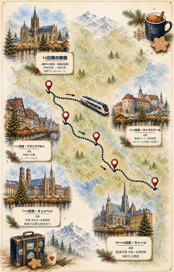 ヨーロッパを西から東へ巡る14日間のクリスマスマーケット鉄道旅程図