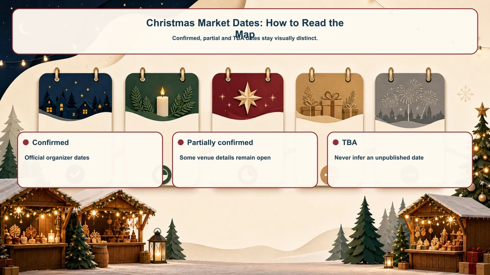 Christmas market date-status infographic with confirmed, partial and TBA labels