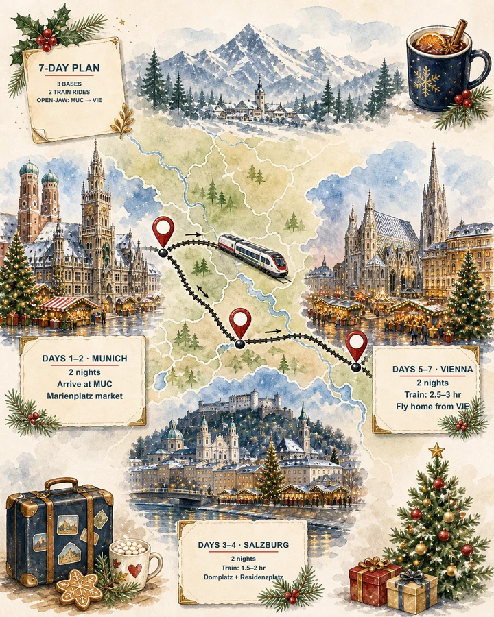 Illustrated seven-day Munich, Salzburg and Vienna Christmas market train itinerary