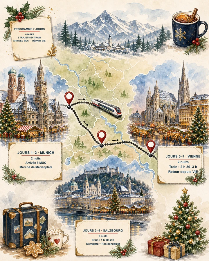 Itinéraire illustré de sept jours en train entre les marchés de Noël de Munich, Salzbourg et Vienne