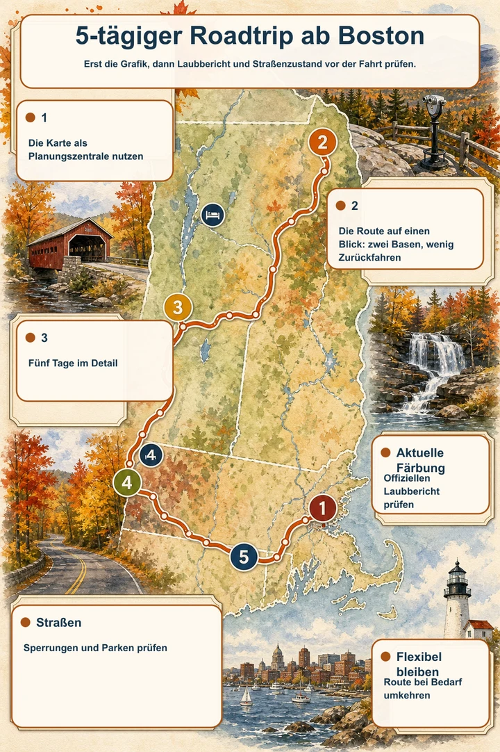 5-tägiger Roadtrip ab Boston — Erst die Grafik, dann Laubbericht und Straßenzustand vor der Fahrt prüfen.