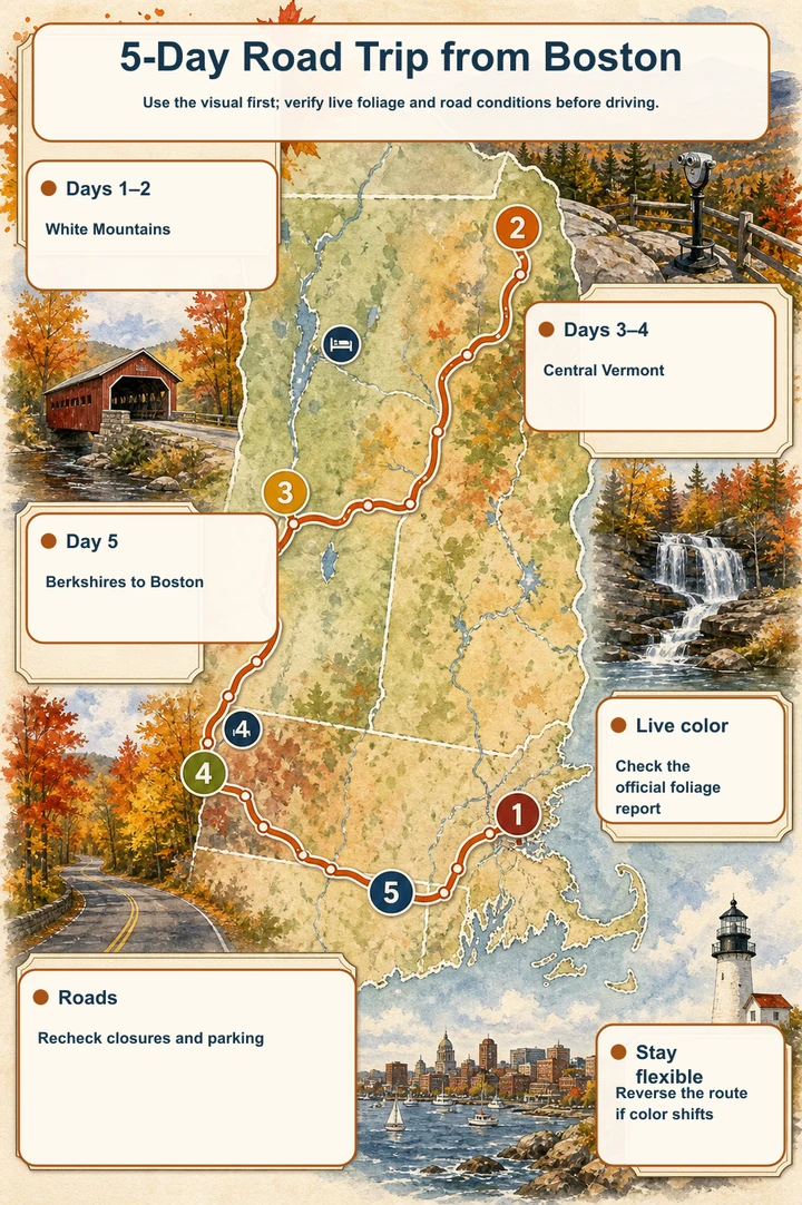 5-Day Road Trip from Boston — Use the visual first; verify live foliage and road conditions before driving.
