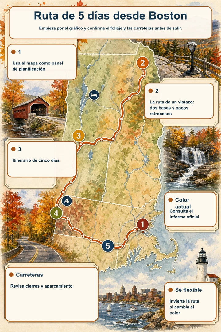 Ruta de 5 días desde Boston — Empieza por el gráfico y confirma el follaje y las carreteras antes de salir.