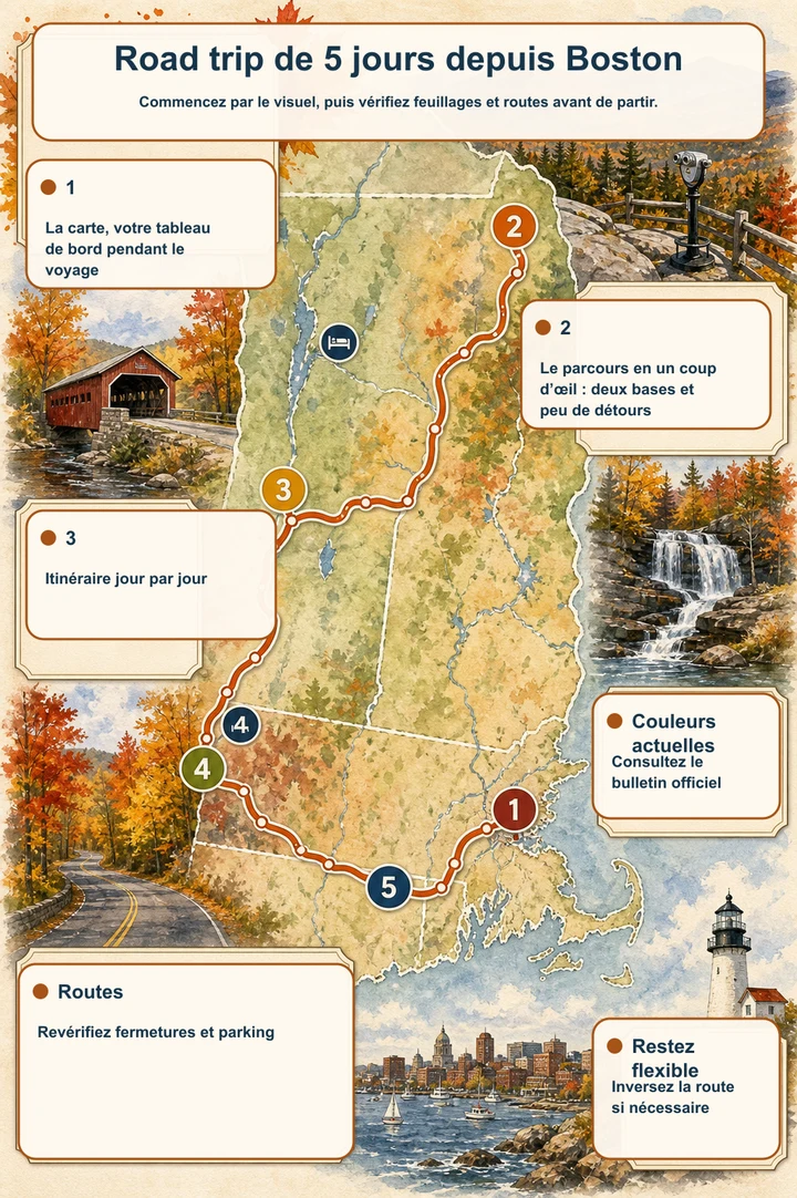 Road trip de 5 jours depuis Boston — Commencez par le visuel, puis vérifiez feuillages et routes avant de partir.