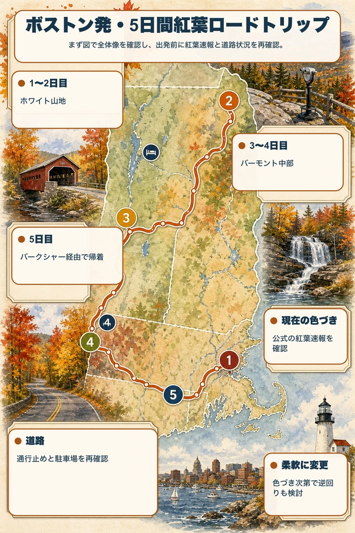 ボストン発・5日間紅葉ロードトリップ — まず図で全体像を確認し、出発前に紅葉速報と道路状況を再確認。