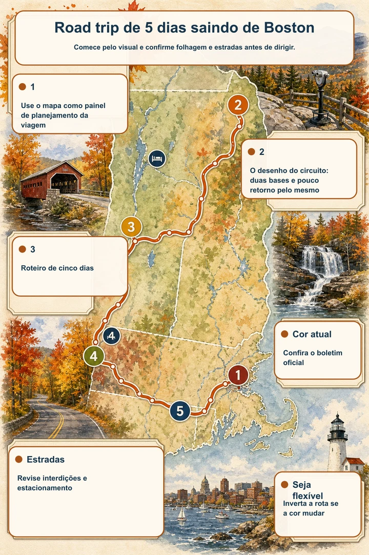 Road trip de 5 dias saindo de Boston — Comece pelo visual e confirme folhagem e estradas antes de dirigir.