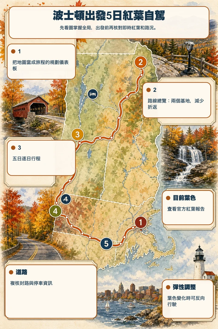 波士頓出發 5 日紅葉自駕 — 先看圖掌握全局，出發前再核對即時紅葉和路況。