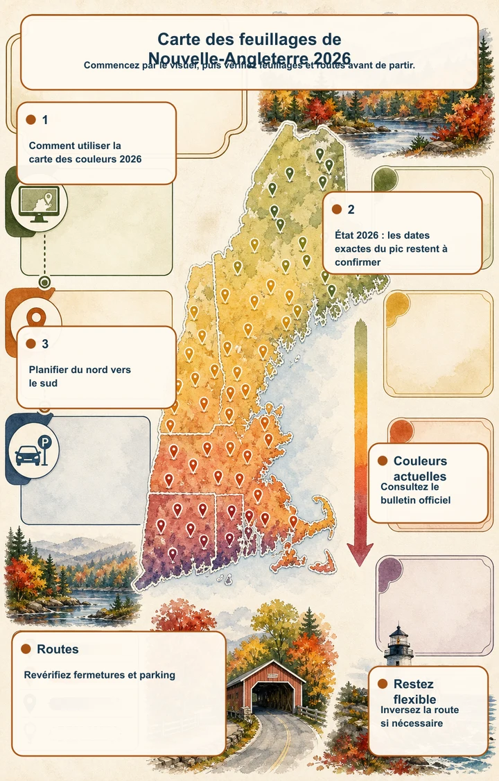 Carte des feuillages de Nouvelle-Angleterre 2026 — Commencez par le visuel, puis vérifiez feuillages et routes avant de partir.