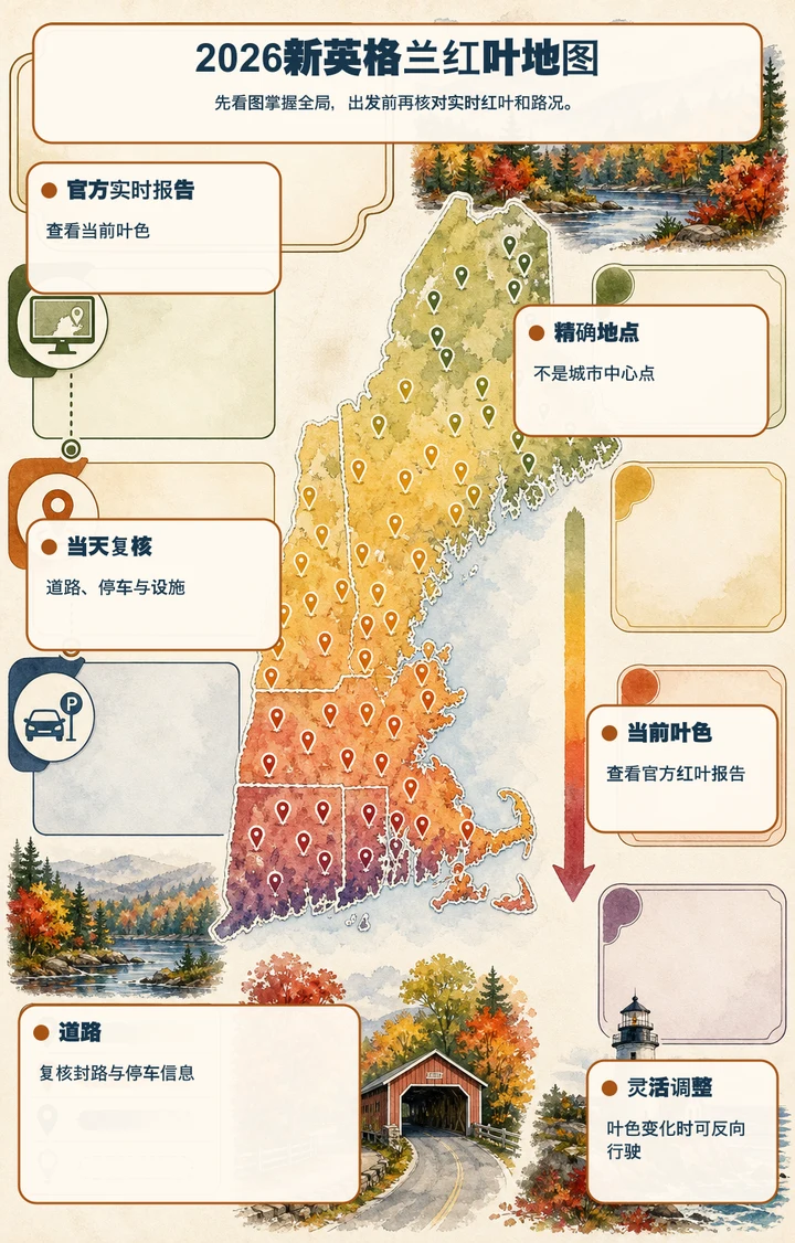 2026 新英格兰红叶地图 — 先看图掌握全局，出发前再核对实时红叶和路况。