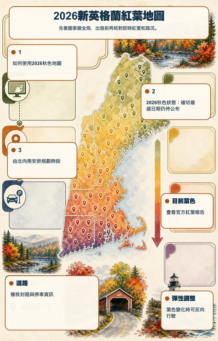 2026 新英格蘭紅葉地圖 — 先看圖掌握全局，出發前再核對即時紅葉和路況。