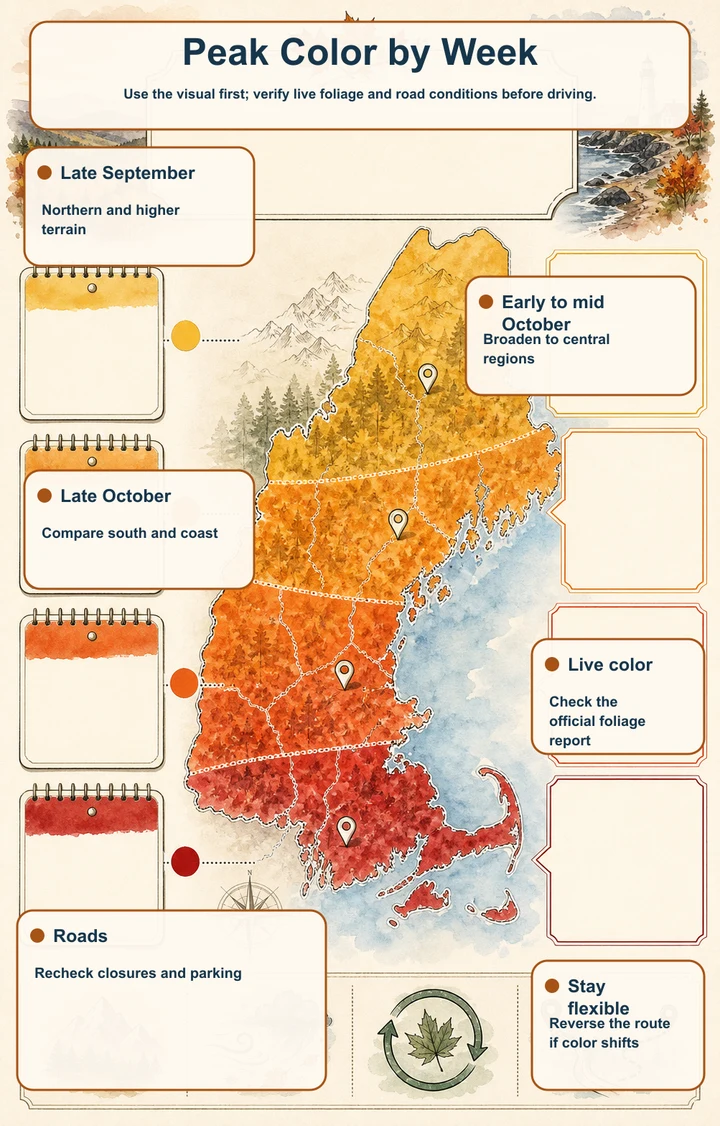 Peak Color by Week — Use the visual first; verify live foliage and road conditions before driving.