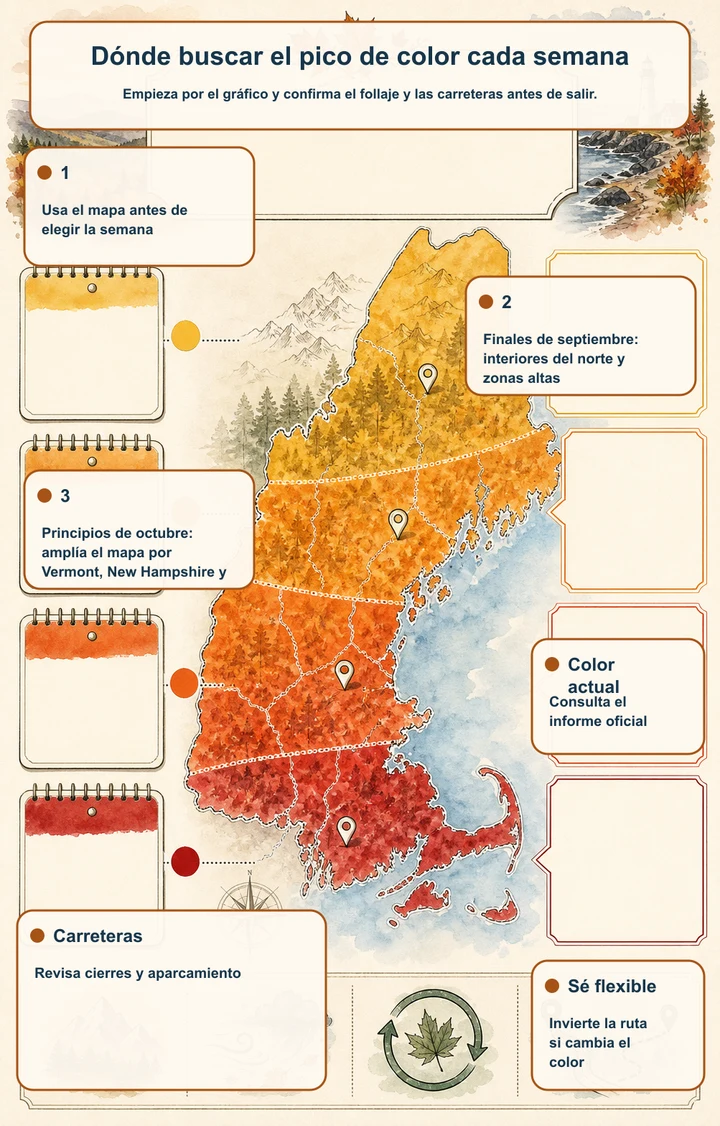 Dónde buscar el pico de color cada semana — Empieza por el gráfico y confirma el follaje y las carreteras antes de salir.