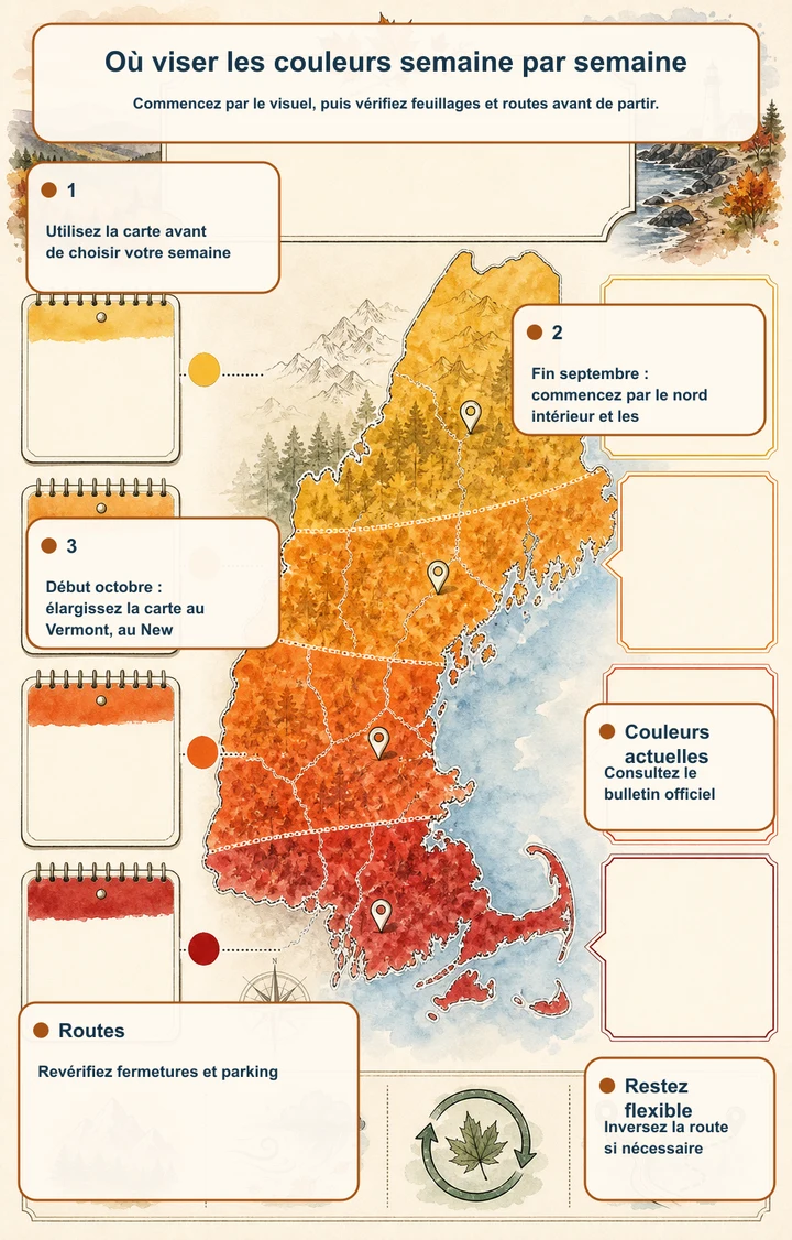 Où viser les couleurs semaine par semaine — Commencez par le visuel, puis vérifiez feuillages et routes avant de partir.