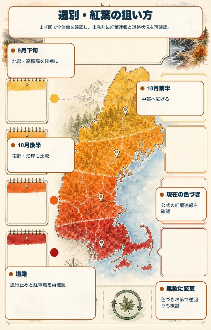 週別・紅葉の狙い方 — まず図で全体像を確認し、出発前に紅葉速報と道路状況を再確認。