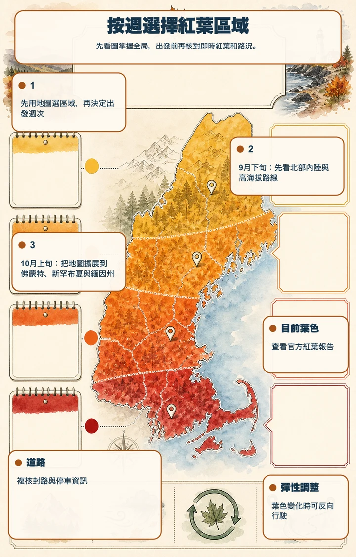 按週選擇紅葉區域 — 先看圖掌握全局，出發前再核對即時紅葉和路況。