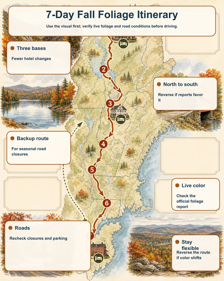 7-Day Fall Foliage Itinerary — Use the visual first; verify live foliage and road conditions before driving.