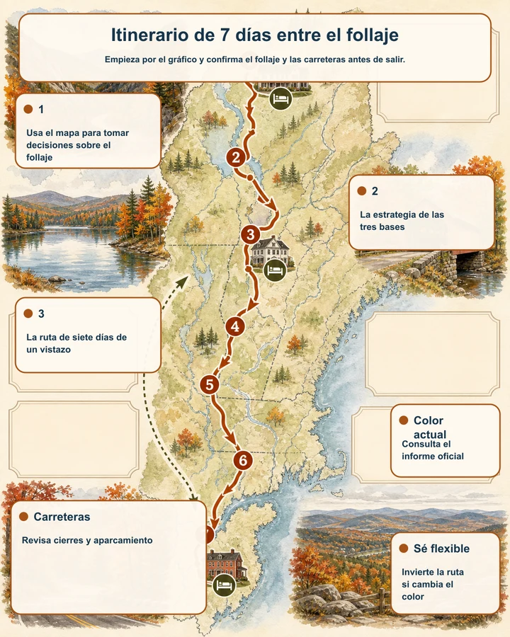Itinerario de 7 días entre el follaje — Empieza por el gráfico y confirma el follaje y las carreteras antes de salir.