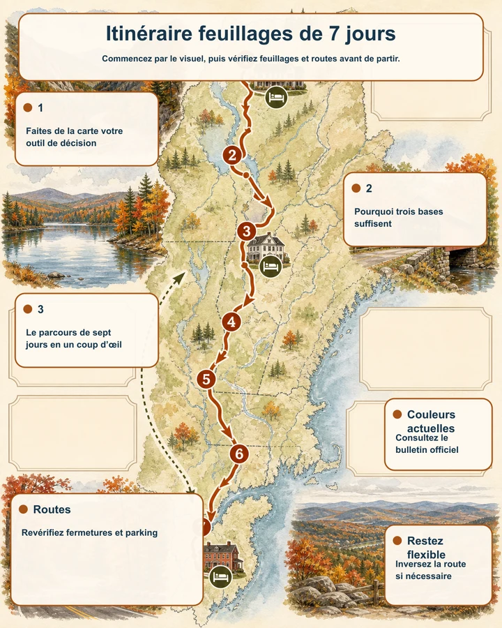 Itinéraire feuillages de 7 jours — Commencez par le visuel, puis vérifiez feuillages et routes avant de partir.