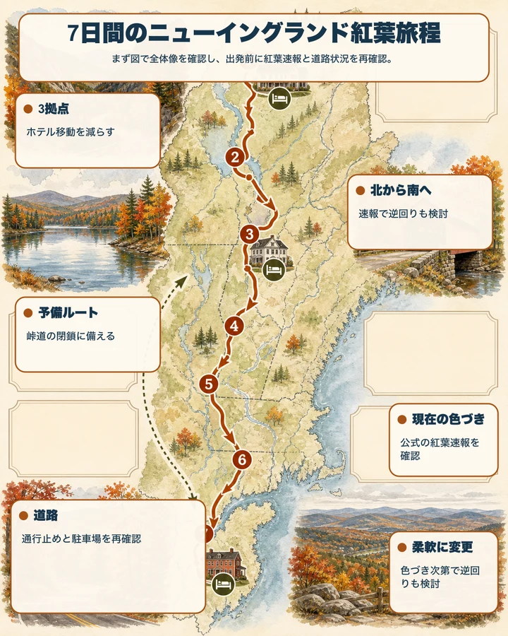 7日間のニューイングランド紅葉旅程 — まず図で全体像を確認し、出発前に紅葉速報と道路状況を再確認。