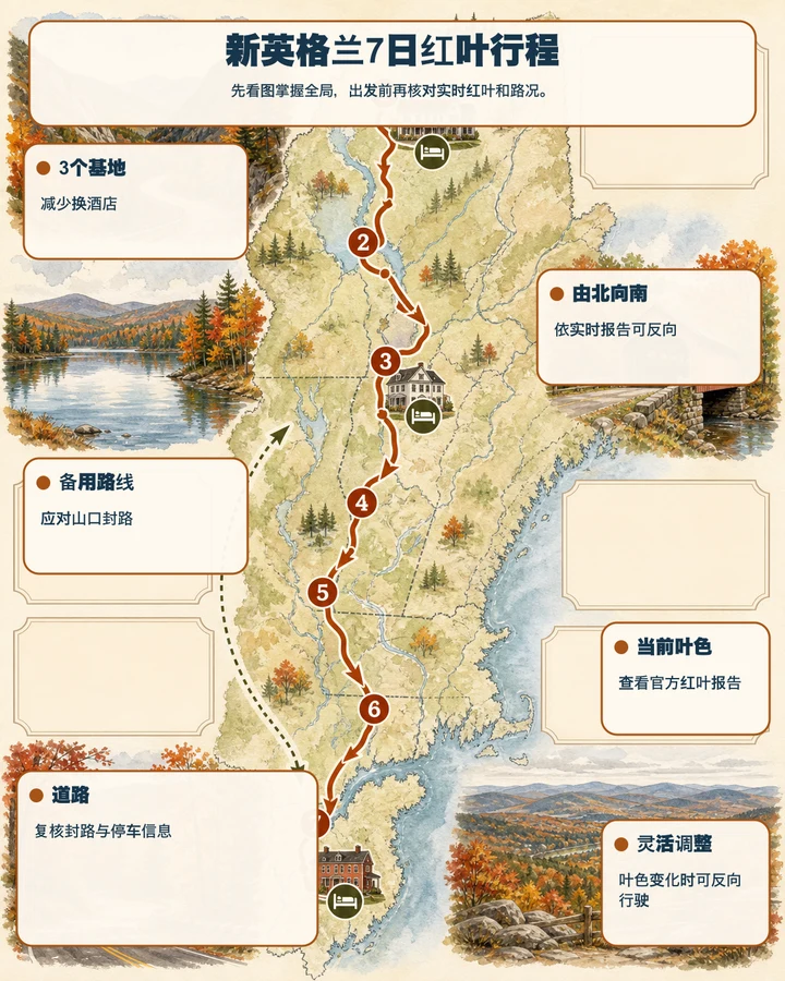 新英格兰 7 日红叶行程 — 先看图掌握全局，出发前再核对实时红叶和路况。