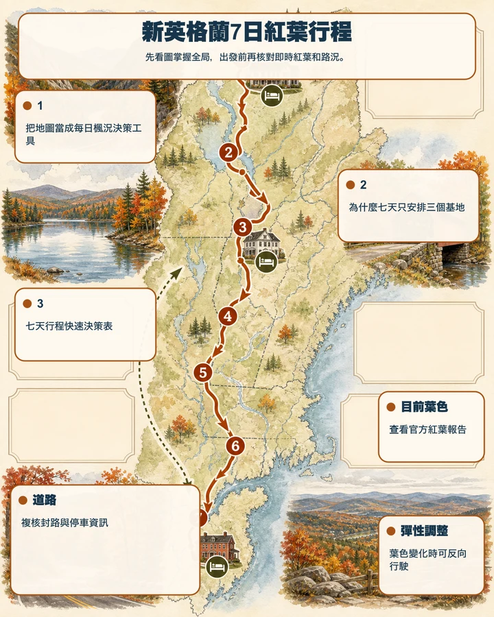 新英格蘭 7 日紅葉行程 — 先看圖掌握全局，出發前再核對即時紅葉和路況。
