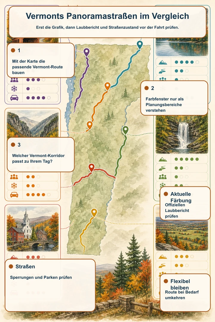 Vermonts Panoramastraßen im Vergleich — Erst die Grafik, dann Laubbericht und Straßenzustand vor der Fahrt prüfen.
