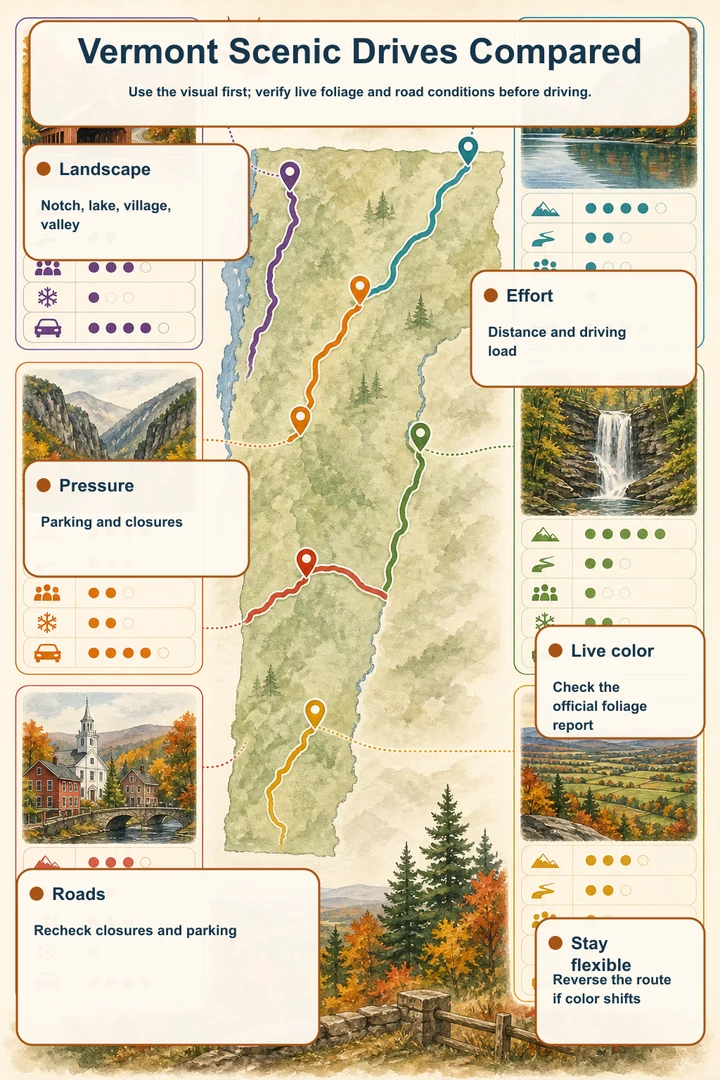Vermont Scenic Drives Compared — Use the visual first; verify live foliage and road conditions before driving.