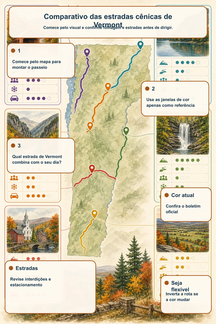 Comparativo das estradas cênicas de Vermont — Comece pelo visual e confirme folhagem e estradas antes de dirigir.