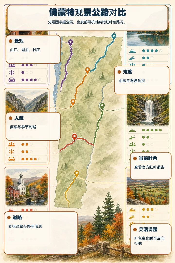佛蒙特观景公路对比 — 先看图掌握全局，出发前再核对实时红叶和路况。