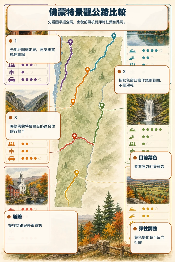 佛蒙特景觀公路比較 — 先看圖掌握全局，出發前再核對即時紅葉和路況。