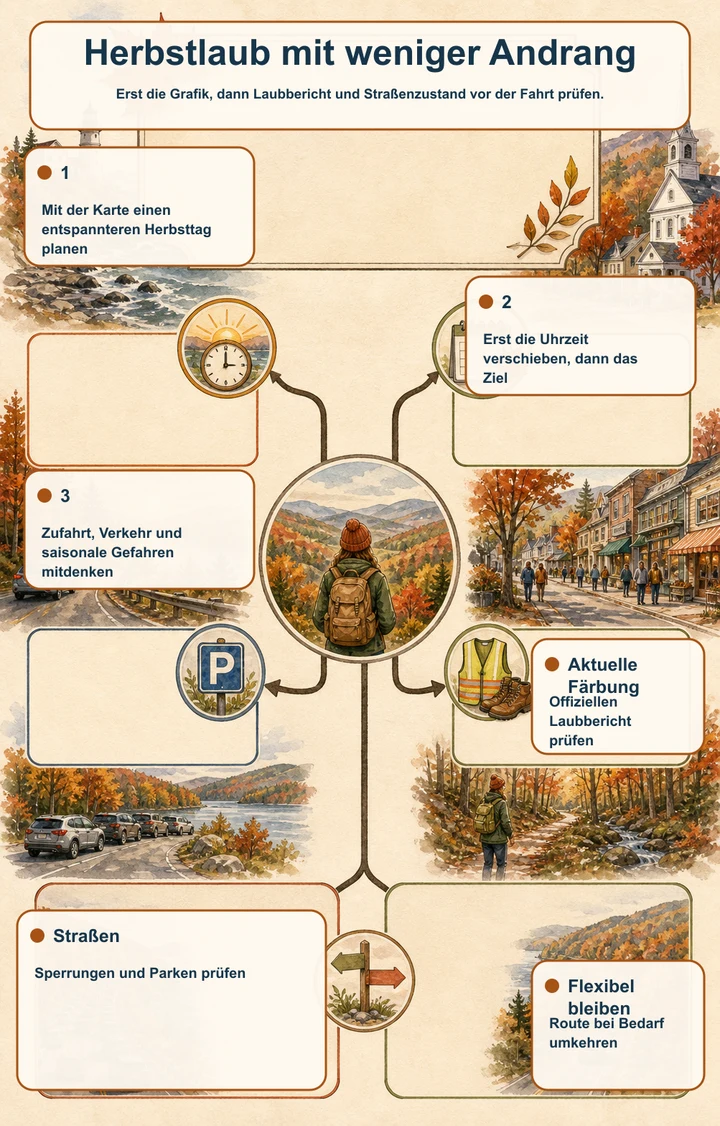 Herbstlaub mit weniger Andrang — Erst die Grafik, dann Laubbericht und Straßenzustand vor der Fahrt prüfen.